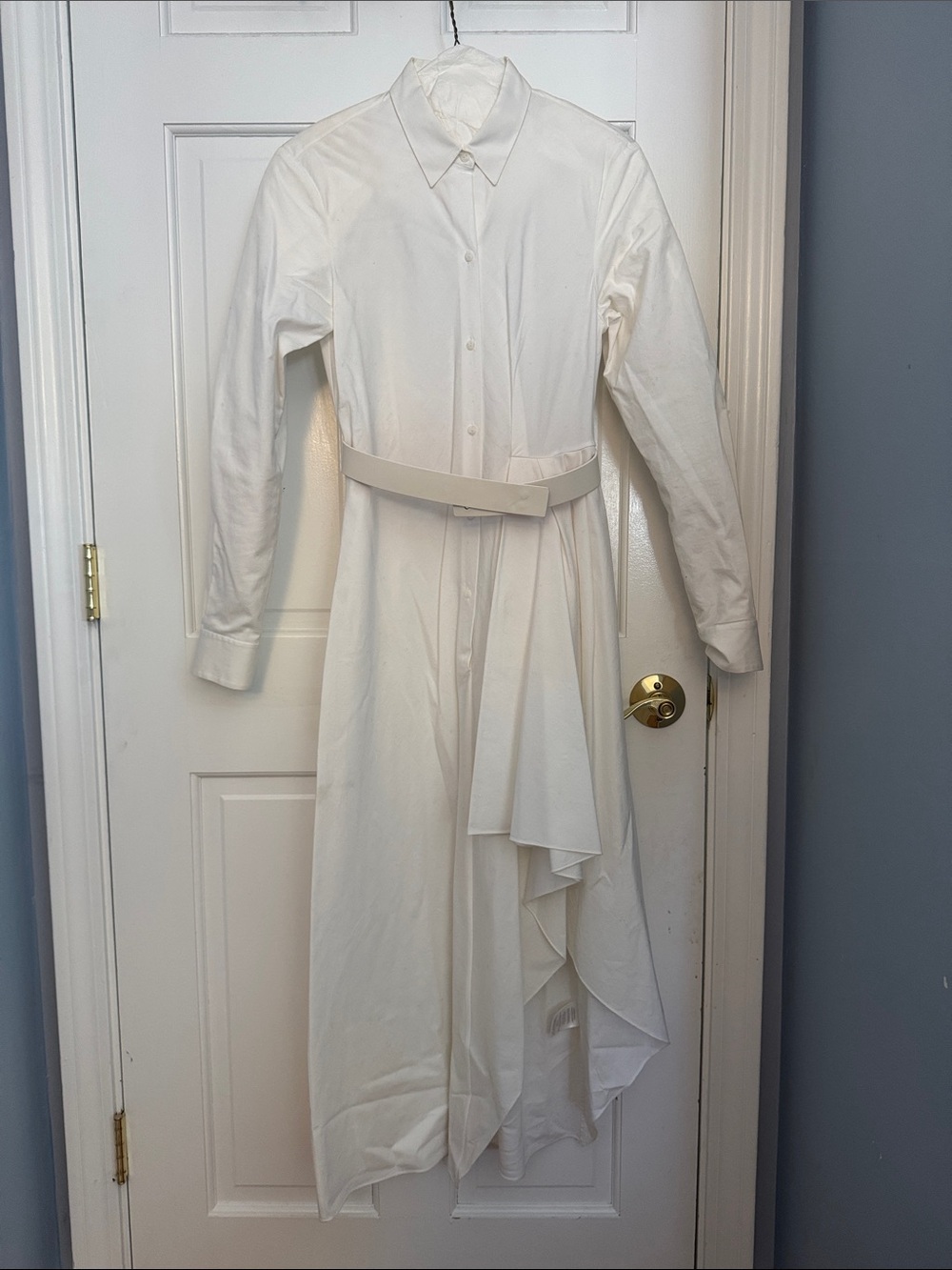 Theory White Long-Sleeve Shirt Dress with Belt
